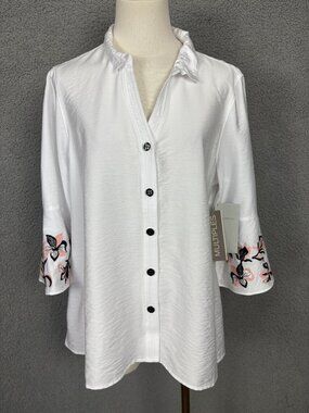 Multiples White Button-Up Blouse W/ Embroidered Floral Sleeves Size PM NWT's